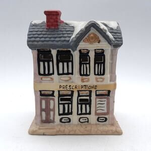 Vintage Ceramic Pharmacy Tealight Holder Building Prescriptions Snow Roof 5 Inch